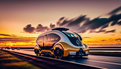 Obraz na płótnie Canvas hi-tech future car with light trail and speed blur cityscape background, Generative Ai