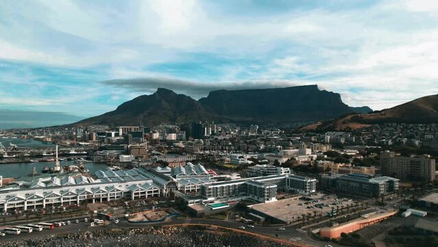 Aerial of the WaterFront District, overlooking downtown and Table Mountain in Cape Town, South Africa 1