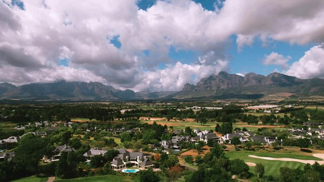 Aerial of Val de Via Golf Estate, overlooking Paarl Valley Mountains and Stellenbosch, near Cape Town, Western Cape, South Africa 2