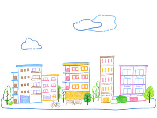Cityscape, condominium and residential landscape Cute hand-drawn illustrations of colorful and simple line drawings / 街並み、マンションと住宅の景観 カラフルでシンプルな線画のかわいい手描きイラスト