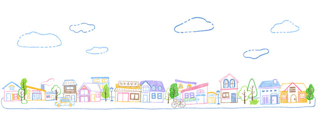 Cityscape, landscape of residential area Cute hand-drawn illustrations of colorful and simple line drawings / 街並み、住宅地の景観 カラフルでシンプルな線画のかわいい手描きイラスト