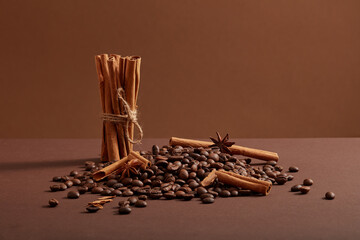 A pile of coffee beans with star anise and cinnamon sticks decorated on a minimalist background. Herbals for enhancing health condition or skincare