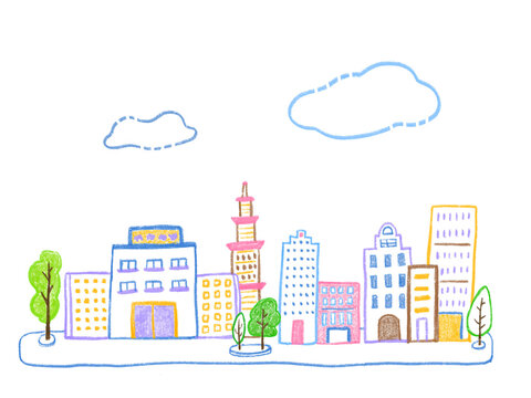 Cityscape, city and building landscape Cute hand-drawn illustrations of colorful and simple line drawings / 街並み、都市とビルの景観 カラフルでシンプルな線画のかわいい手描きイラスト