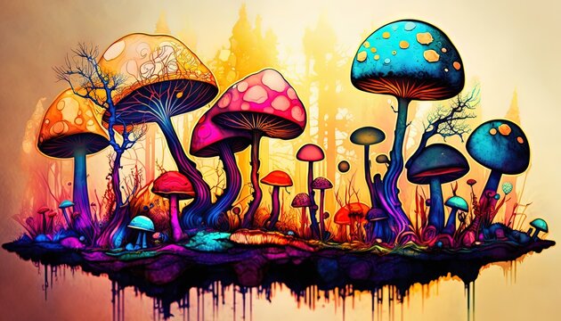 paint like illustration of mushroom forest, Generative Ai