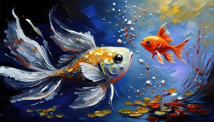 Fotobehang illustration of smiley face of animal with color splash oil painting style, cute gold fish Generative Ai   © QuietWord