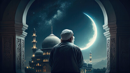 muslim old man praying on a starry and crescent moon moon night. Eid mubarak, eid al fitri, eid al adha, isra' mi'raj and Ramadan mubarak, ramadhan kareem concept. Generative AI - obrazy, fototapety, plakaty