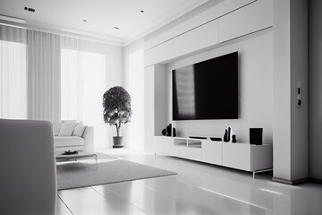 Naklejka na ściany i meble TV room interior in white tones.generative ai