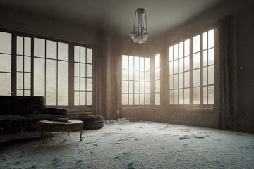 A completely frozen living room with none inside. Generative ai
