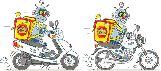Cartoon set of a funny robot courier with a large backpack riding a motorbike and a motor scooter and delivering ordered goods to waiting customers, vector illustrations isolated on white