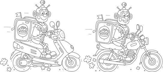 Cartoon set of a funny robot courier with a large backpack riding a motorbike and a motor scooter and delivering ordered goods to waiting customers, black and white vector illustrations