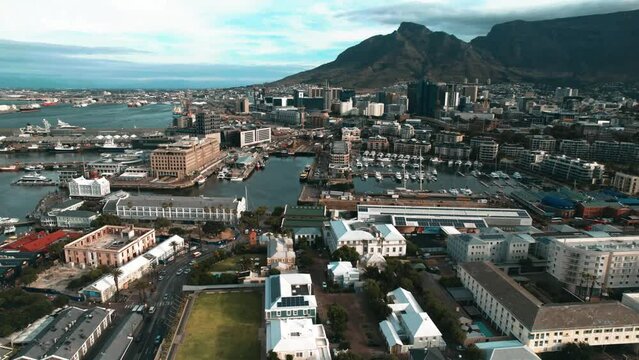 Aerial of the WaterFront District, overlooking downtown and Table Mountain in Cape Town, South Africa 4