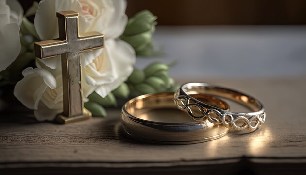 two wedding rings in wedding ceremony with bible and crucifix, idea for Christian and Catholic wedding theme, Bless our Marriage O God , Generative Ai