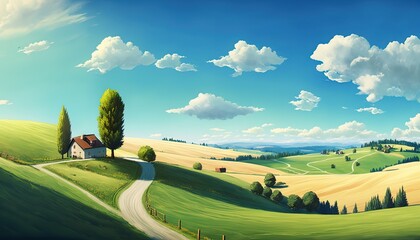 rural countryside anime style illustration background, Generative Ai