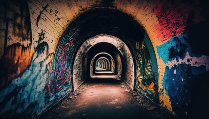 long way brick wall tunnel to light, wall that was painted with graffiti art style, Generative Ai
