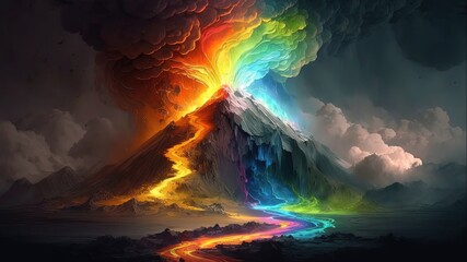 Obraz na płótnie Canvas erupting volcano with explode rainbow lava and smoke to sky, Generative Ai