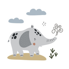 Cute baby elephant with clouds. Vector illustration. Use for birthday invitation card, t-shirt print, baby shower.