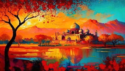 paint like illustration of  beautiful landscape in summer time season with mosque  