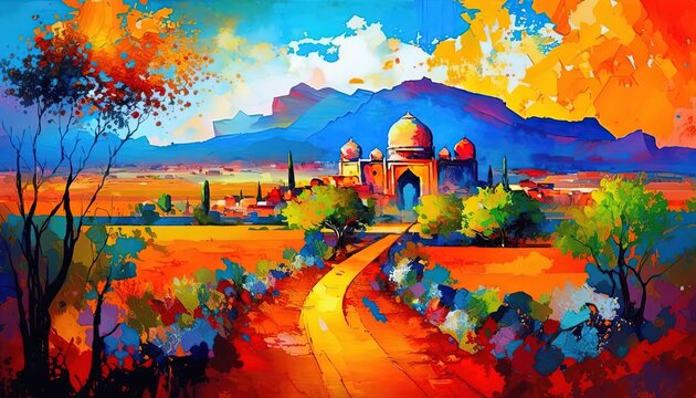 paint like illustration of  beautiful landscape in summer time season with mosque	
