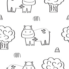 Seamless pattern with cute hippos surrounded by tropical plants in doodle style. Vector illustration isolated on white background for your design