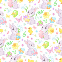 Obraz na płótnie Canvas Easter seamless vector pattern with cute bunnies, chicks, eggs, spring flowers and butterflies.