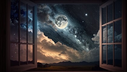 abstract background, galaxy starry night sky view behind from window, Generative Ai