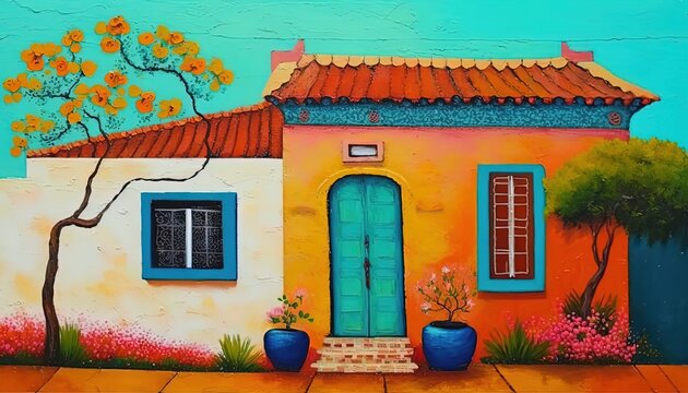 paint like illustration of Vietnamese style vintage old house, Generative Ai