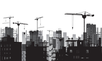Building construction site with a tower crane and engineer and workers.Vector illustration