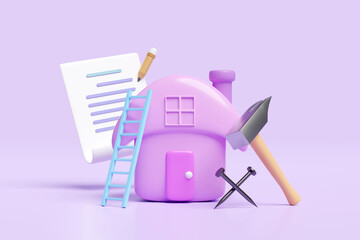 3d house toy with clipboard, pencil, checklist, hammer, nail, ladder or stairs isolated on purple background. repair maintenance concept, 3d render illustration, clipping path