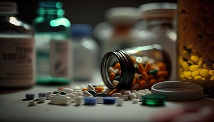 illustration of medicine bottle with a lot of pills in it, Generative Ai	
