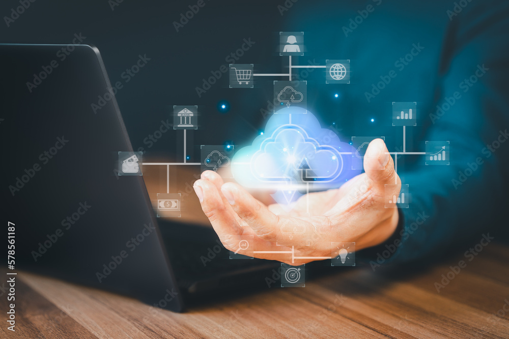 Poster Businessman working at cloud data icon, cloud computing diagram show on hand. Cloud technology. Data storage. Networking and internet service concept.