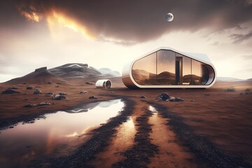 Fototapeta na wymiar Futuristic architecture house on a Mars environment. Generative AI