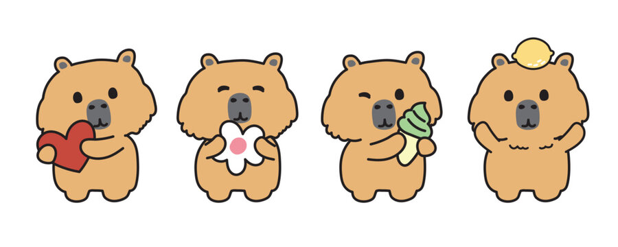 Set Of Cute Capybara Hold Various Object Stand On White Background.Friendly Animal Character Cartoon Design.Heart,flower,ice Cream,lemon Hand Drawn.Kawaii.Vector.Illustration.Illustrator.