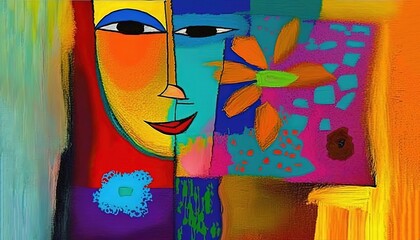 artistic illustration of abstract surreal face in colorful them idea for funky modern background wallpaper Generative Ai	
