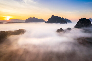 Top view Landscape of Morning Mist with Mountain Layer at Meuang Feuang
