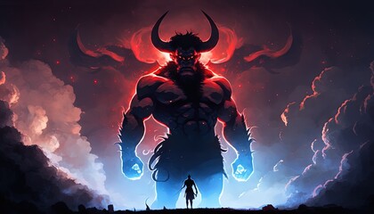Obraz na płótnie Canvas hero facing big bull horn devil with energy power emerging around, fantasy myth adventure, Generative Ai