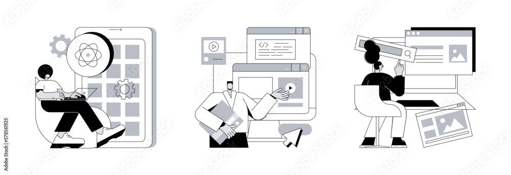 Poster mobile app development process abstract concept vector illustration set. react native mobile app, ex