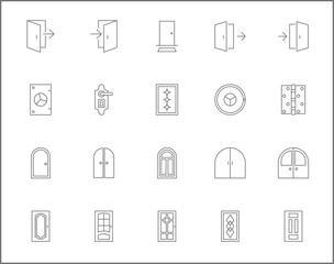 Fototapeta premium Simple Set of door Related Vector Line Icons. Vector collection of frames, front, entry, exit, doorway, entrance, enter, open, close and design elements symbols or logo element.