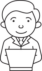 パソコンの前の笑顔のビジネスマン-男性-白黒