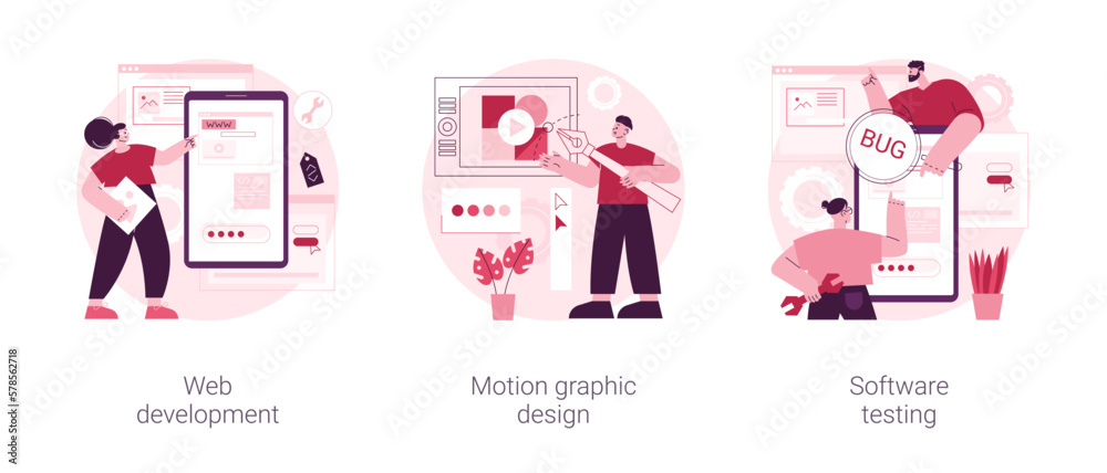 Poster it company service abstract concept vector illustration set. web development, motion graphic design,