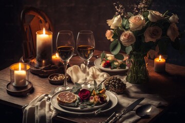 Fototapeta na wymiar Luxury romantic candlelight dinner table set up for the couple on Valentine's day with Champagne wine glasses and beautiful food decoration. AI Generative