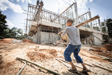 Poor children are forced to work construction, Violence children and trafficking concept,Anti-child...
