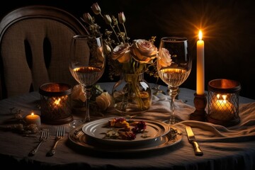 Fototapeta na wymiar Luxury romantic candlelight dinner table set up for the couple on Valentine's day with Champagne wine glasses and beautiful food decoration. AI Generative