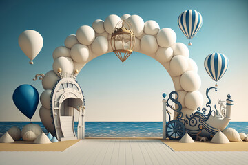 Generative AI of the entrance to the sea with white and blue balloons