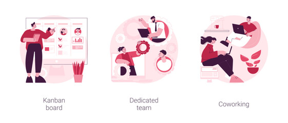 Project workflow abstract concept vector illustration set. Kanban board, dedicated team, coworking for freelancers, agile project management, scrum meeting, IT outsource abstract metaphor.
