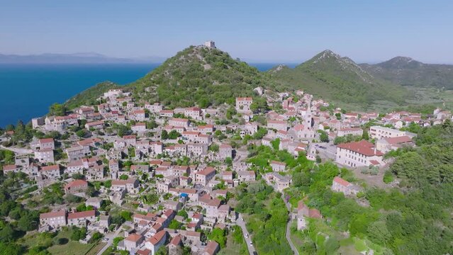 Remote Island With Ancient Townscape At Lastovo, Adriatic Coast, Croatia. Aerial Drone