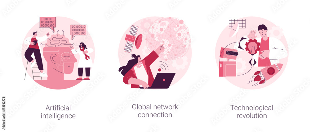 Poster information era abstract concept vector illustration set. artificial intelligence, global network co