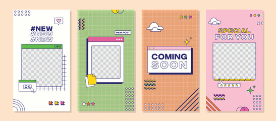 
set 90s Instagram Story Collection icon and
Illustration of Colorful Background for Social Media Post with Collection of Memphis Style Templates And Geometric Patterns. 