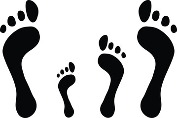 Family footprint, foot imprint of a man, a woman, a child. Vector silhouette on white background