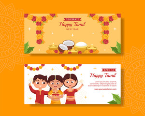 Happy Tamil New Year Horizontal Banner Flat Cartoon Hand Drawn Templates Background Illustration