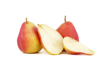 Whole and half cut pears on white background